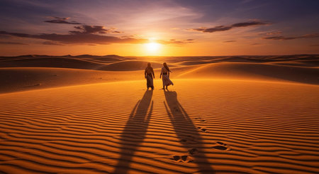 Silhouette of man and woman walking in the desert at sunsetの素材