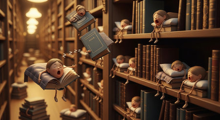3d rendering of a group of children sleeping in a bookshelfの素材
