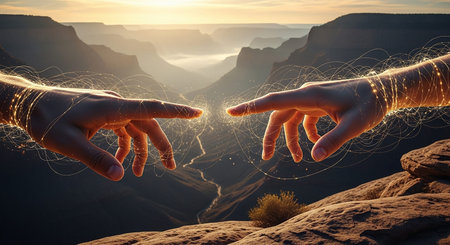 Close up of male hands pointing at each other against sunrise over Grand Canyonの素材