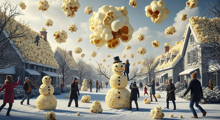 Crowd of people in winter park with snowman. Mixed mediaの素材