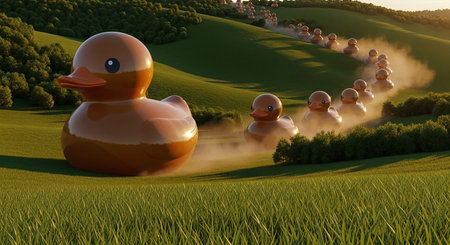 3d render of rubber ducks in a field with green grass.の素材