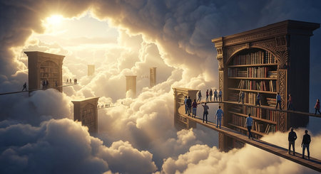 Digital composite of People walking on bridge with bookshelf in skyの素材