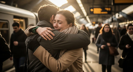 Young couple in love embracing and kissing on subway station in Paris, Franceの素材