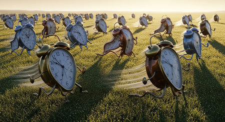 Alarm clocks in the field at sunrise. 3D illustration.の素材