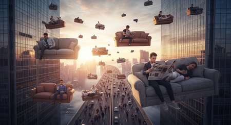 Business people flying in the air over the city. 3D renderingの素材