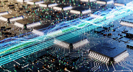 Electronic circuit board close-up. Technology concept. 3D Renderingの素材