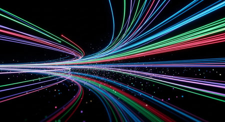 3D illustration of light trails on a black background with copy spaceの素材