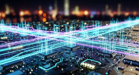 Futuristic circuit board background with glowing lights. 3D renderingの素材