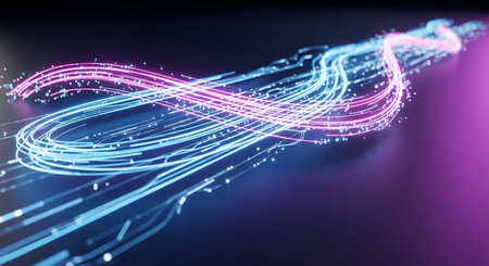 3d illustration of neon light trails in the dark. Abstract backgroundの素材