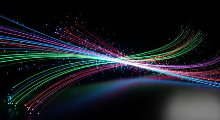 3d illustration of multicolored lines in the dark, abstract backgroundの素材