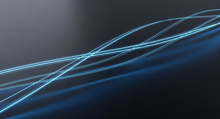 Abstract blue light lines on black background. 3D render illustration.の素材