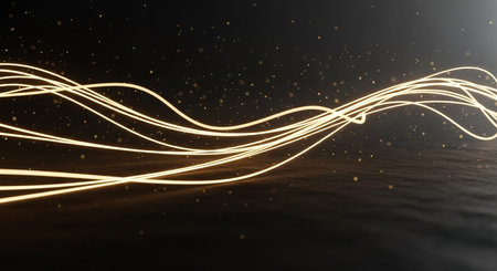 Abstract gold light lines on black background. 3D rendering with DOFの素材