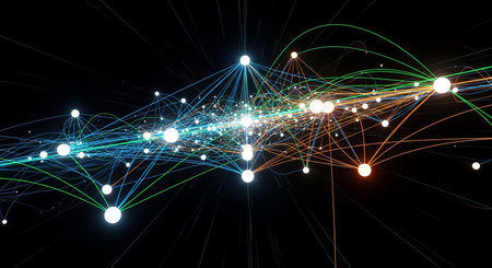 3D rendering of a network of connections on a black background.の素材