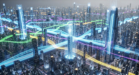 Abstract city background with glowing connection lines. Technology concept. 3D Renderingの素材
