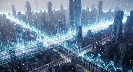 Double exposure of financial chart and cityscape. Concept of stock market analysis.の素材