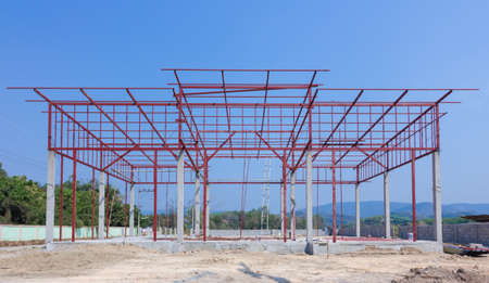 Construction site with building and steelworkの写真素材