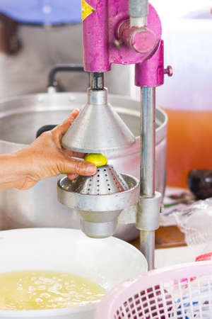 hand of woman squeezing lemon with big retro squeezer.