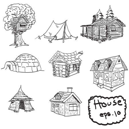 vector hand drawn set of houses, doodlesのイラスト素材