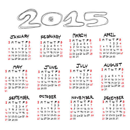 doodles hand drawn  calendar for 2015 on white background. のイラスト素材