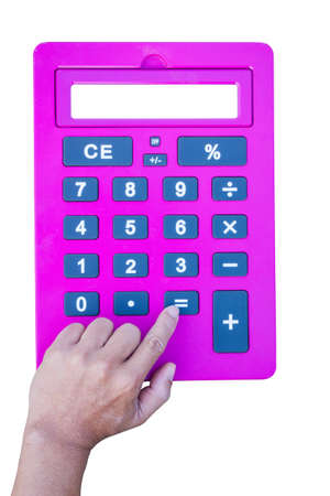 pink calculator isolated on white background with white space on the screen, hand pushing equal button, with white space on the screenの写真素材
