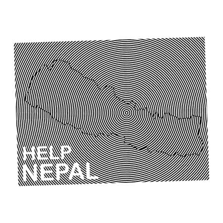 Nepal Charity POSTER with the white word Help Nepal. earth quake location highlighted around map with black and white curve linesのイラスト素材
