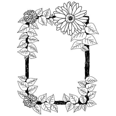 hand drawn doodles of daisies and leaves frame on the white background, vector illustrationのイラスト素材