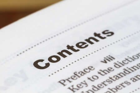 closeup word Contents in dictionary, soft focus,