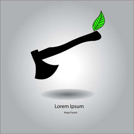 Flat vector illustration axe silhouette icon with green leaf on the handle, environment conceptのイラスト素材