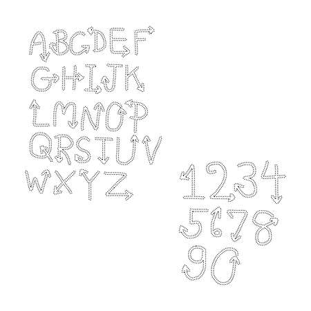Vector illustration black polka dot spotted alphabet uppercase letters and numbers with arrow.のイラスト素材