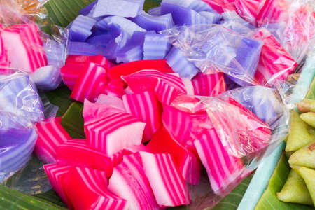 Kind of Thai sweetmeat, Multi Layer Colorful Sweet Cake Pandan (Kanom Chan Pandan)の写真素材