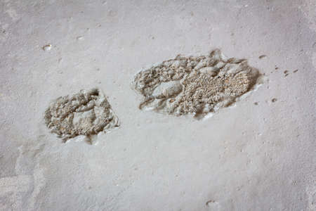 Single boot footprint on wet concrete in construction site.の写真素材