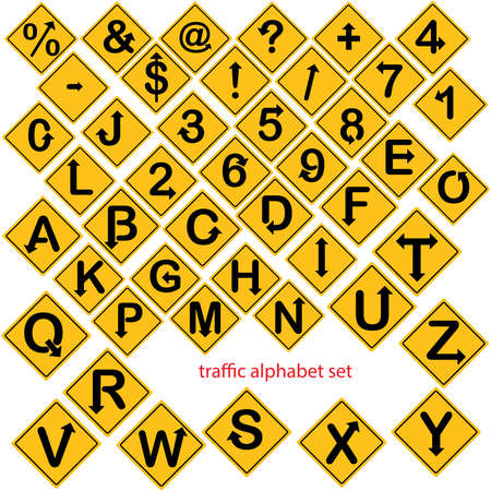illustration vector of alphabet and number set in yellow road signs or traffic signs isolatedのイラスト素材