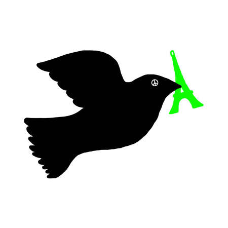 illustration doodle  of dove of peace with green eiffel tower in its beak and peace symbol on its eyeのイラスト素材