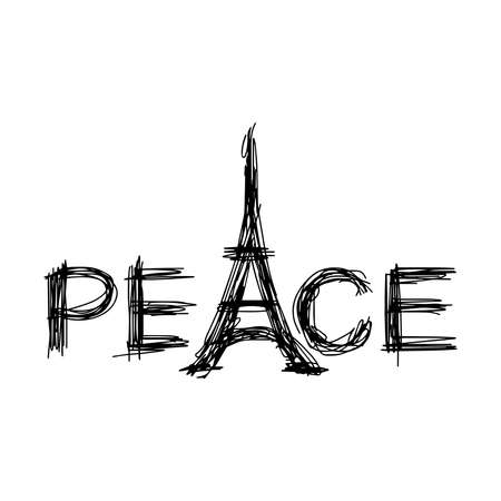 illustration doodle  of sketch word PEACE with Eiffel towerのイラスト素材