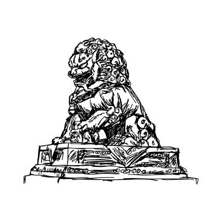 illustration vector doodle hand drawn of sketch big bronze lion in forbidden city, China, isolated on whiteのイラスト素材