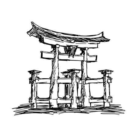 illustration vector doodle hand drawn of sketch itsukushima shrine Landmark in Japan, isolated on whiteのイラスト素材
