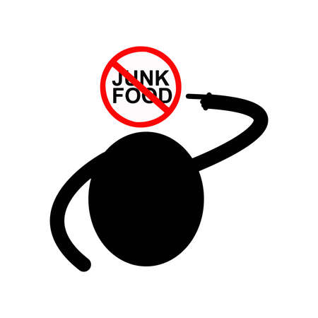 illustration vector fat man icon with the sign of stop Junk Food on his head, diet conceptのイラスト素材