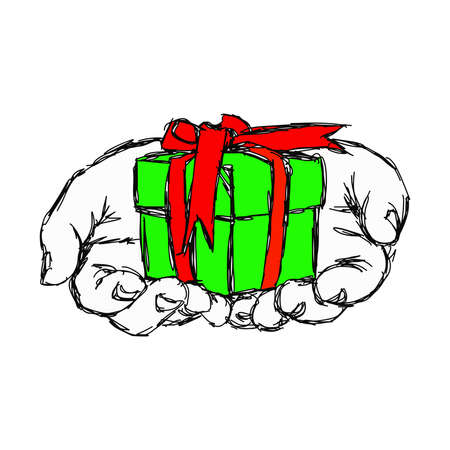 illustration vector doodle hand drawn of sketch hand of person giving or receiving green gift package with red ribbon, isolated on white background.のイラスト素材