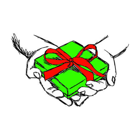 illustration vector doodle hand drawn of sketch hand of person giving or receiving green gift package with red ribbon, isolated on white background.のイラスト素材