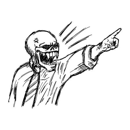 illustration vector hand drawn doodle angry skeleton in business suit pointing to the rightのイラスト素材