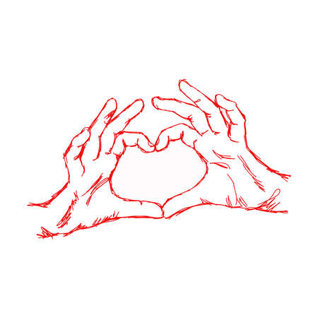 illustration vector hand drawn doodle hand forming a heart shape, with red penのイラスト素材
