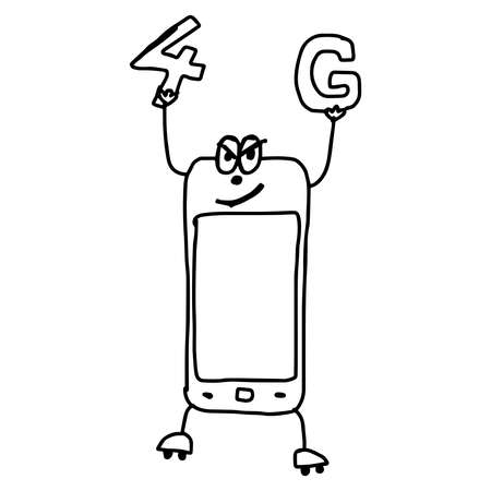 illustration vector hand draw doodles of cartoon mobile phone holding 4G in its hands