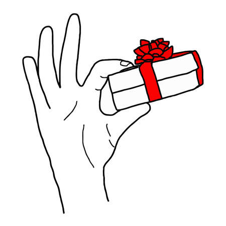 illustation vector hand drawn doodle of Hand holding a gift box with red bow isolated on white.のイラスト素材