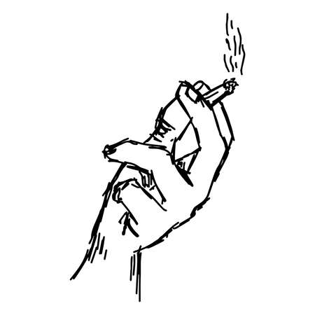 illustration vector hand drawn of hand holding cigarette with smokeのイラスト素材