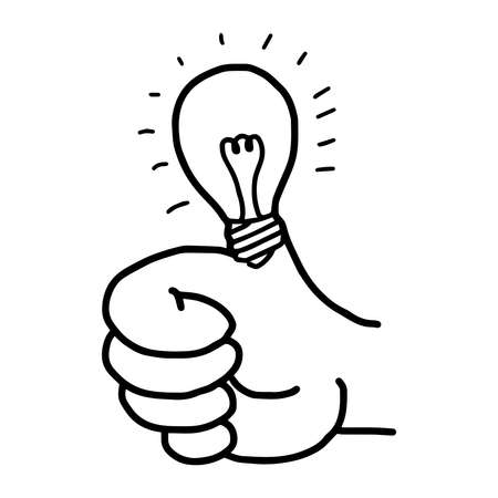 illustration vector doodles hand drawn thumb up with a bulb instead of thumbのイラスト素材
