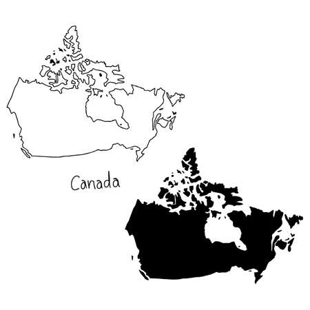outline and silhouette map of Canada - vector illustration hand drawn with black lines, isolated on white backgroundのイラスト素材