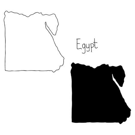 outline and silhouette map of Egypt - vector illustration hand drawn with black lines, isolated on white backgroundのイラスト素材