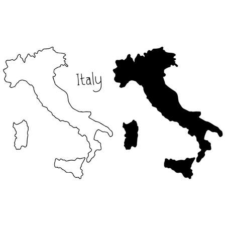 outline and silhouette map of Italy - vector illustration hand drawn with black lines, isolated on white backgroundのイラスト素材