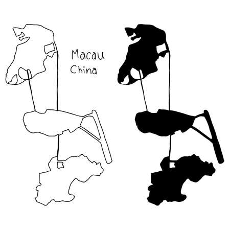 outline and silhouette map of Macau China - vector illustration hand drawn with black lines, isolated on white backgroundのイラスト素材
