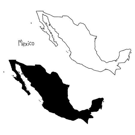 outline and silhouette map of Mexico - vector illustration hand drawn with black lines, isolated on white backgroundのイラスト素材